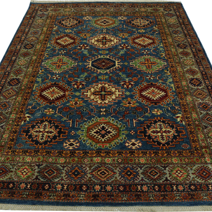 Handmade Kazak Rug Hand-Spun Wool, Light Blue