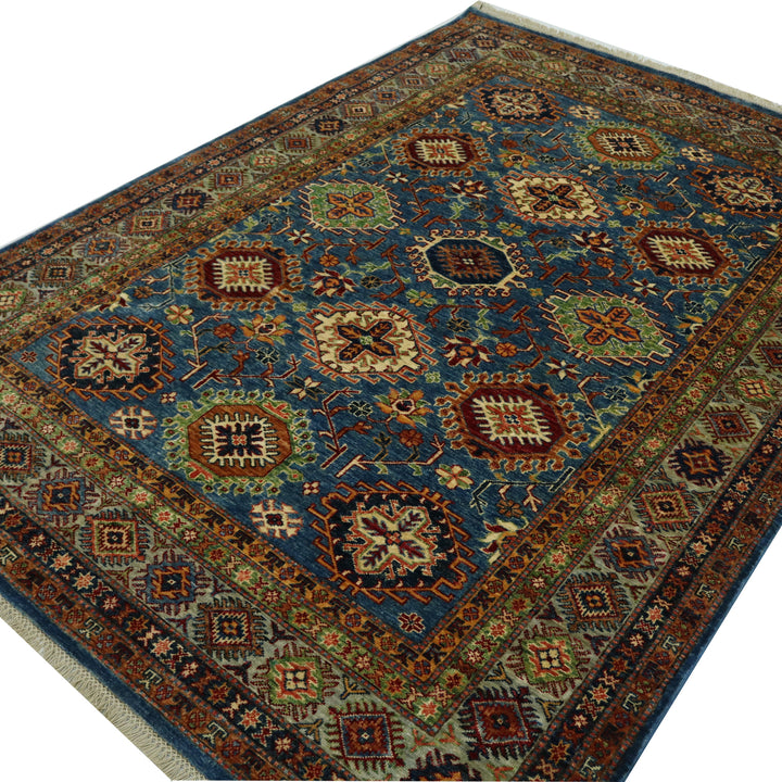 Handmade Kazak Rug Hand-Spun Wool, Light Blue